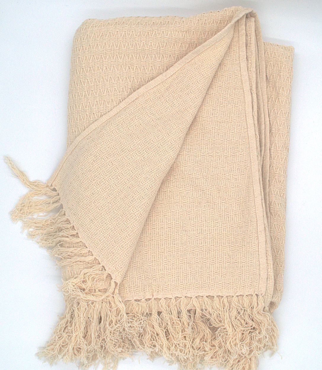 Natural Nest katoenen plaid – handgeweven deken, 150x200 cm, naturel kleur met franjes