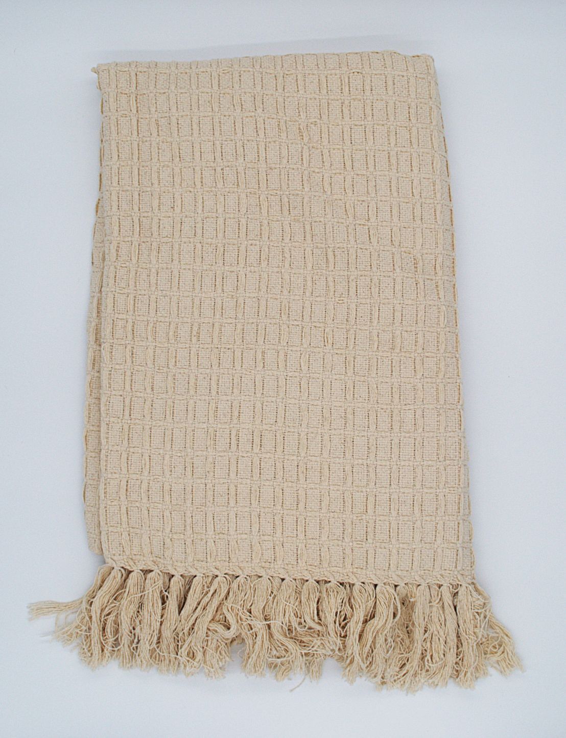 Soft Squares Katoenen Plaid – Handgeweven Deken, 125x202 cm, Naturel Kleur met Franjes