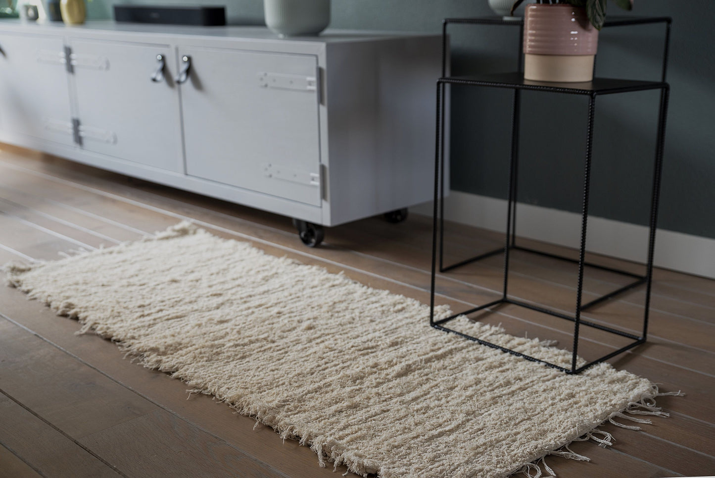 Vloerkleed Raw – 100% organisch katoen, naturel kleur, 55x150 cm met franjes